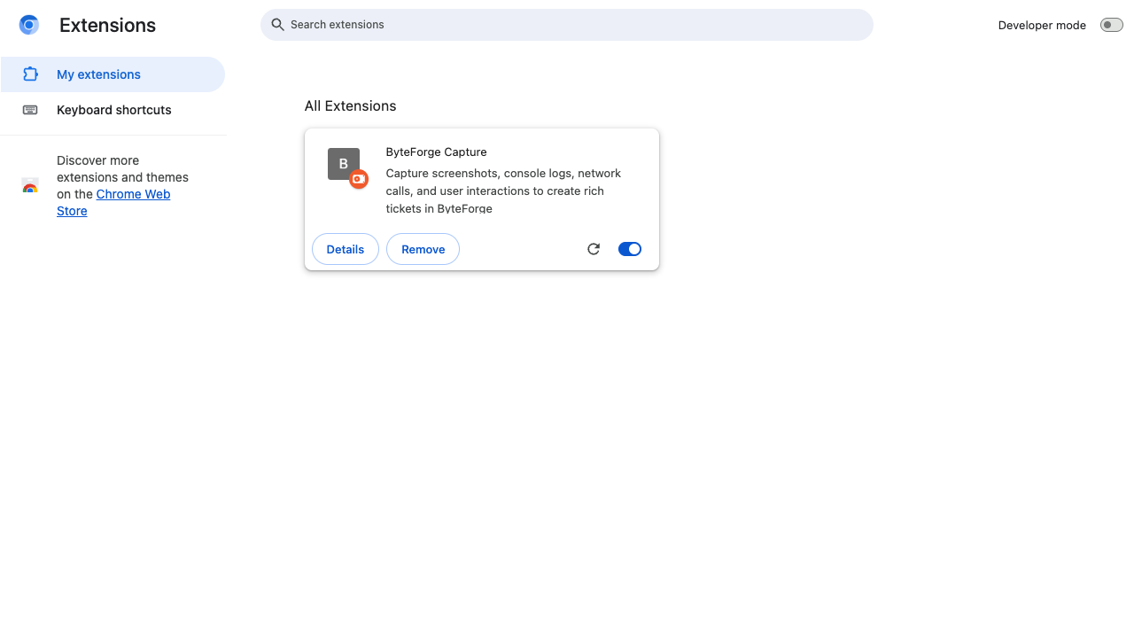 Chrome extensions page with Developer mode and Load unpacked